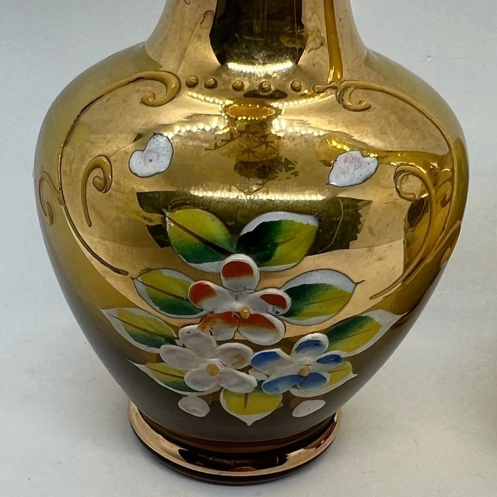 Pair of Vintage Norleans Japan Amber Vases Hand Painted Flowers and Gold Accents